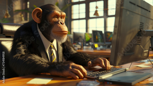 An intriguing 3D animation of a white collar monkey hard at work typing rapidly on a computer in a bustling office © pprothien