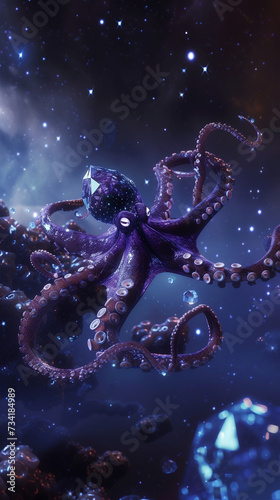 An octopus embarking on a journey in a fantastical crystalline space vessel through a starry night