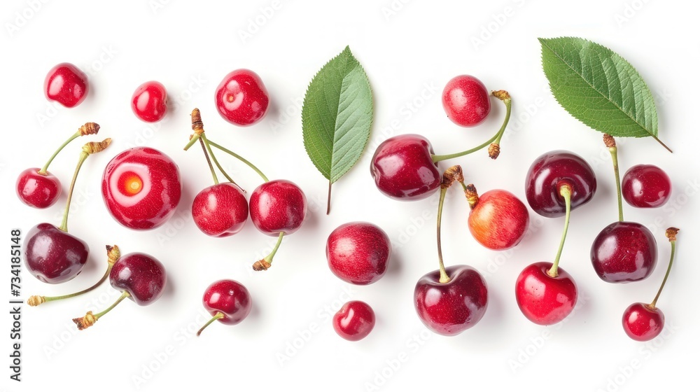 Fresh cherries with leaves scattered on a white background Fresh cherries with leaves scattered on a white background