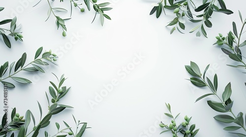 a blank greeting card mockup featuring olive tree branches delicately arranged on a white table background  perfect for wedding invitations.