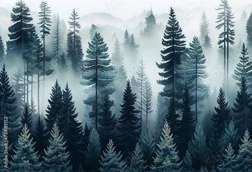 Seamless pattern with foggy spruce forest. Watercolor painting. Generative AI