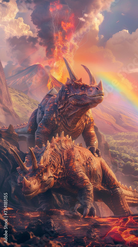 Conceptual backdrop background showcasing a fearsome beast set against the backdrop of a volcano and a cascading rainbow