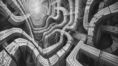 Illustrate a phantasm dwelling in an intricate four dimensional labyrinth having no clear beginning or end