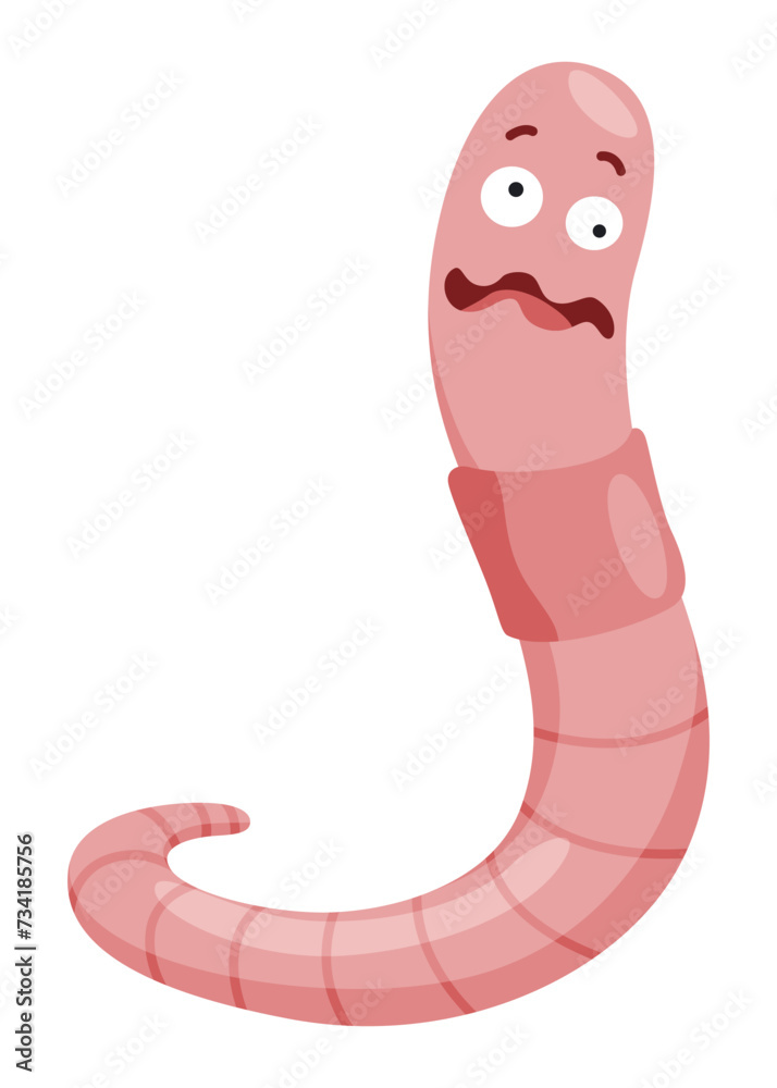 Fototapeta premium Funny worm. Pink crawler amazemented. Earth worm cartoon character, wildlife nature. Insect for kids illustration
