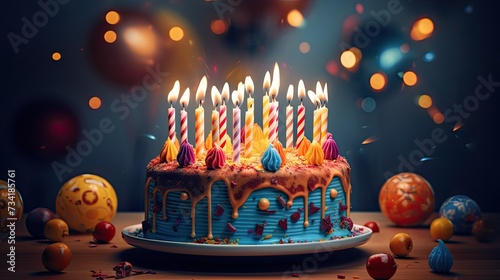 Happy birthday delisious cake, dark background with bokeh lights