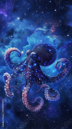Octopus floating in the middle of an illuminated cosmic night sky