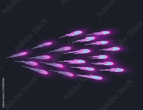Cartoon laser gun beam. Alien combat weapon rays. Futuristic shot effect. Destructive plasma flow. Bomb blaster attack explosion. Vector game element