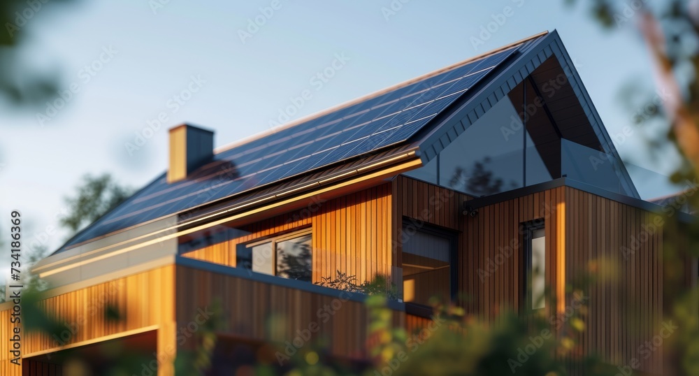 Eco-friendly modern home with solar panels and clear blue sky. Green energy house with photovoltaic roof. Sustainable living and renewable clean energy.