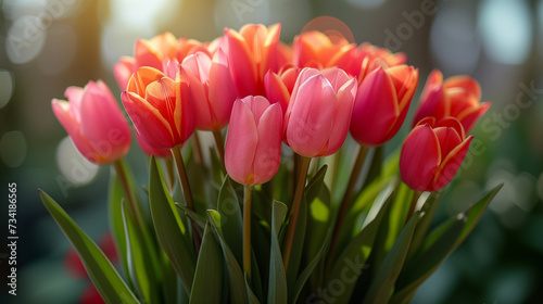 Bouquet of pink tulips on a blurred background at sunset. Gift for mother s day celebration. 