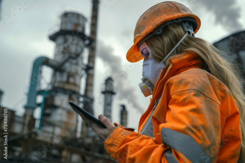 Worker woman wearing protection monitoring and measuring on digital device industrial parameters like air pollution, chemical contaminants for safety in industry photo