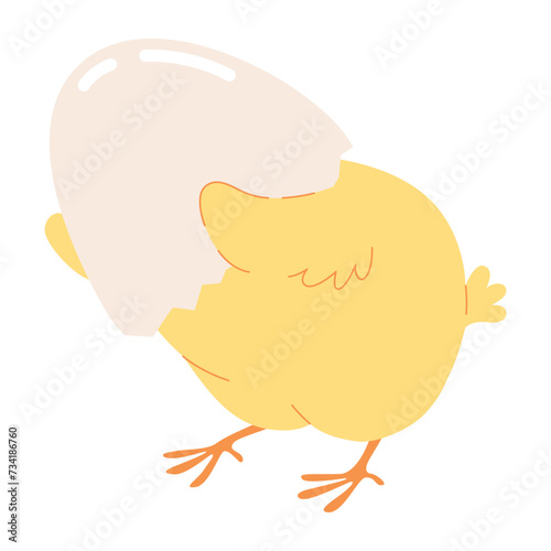 Cute cartoon little chicken hatched from an egg. Yellow Easter chick funny nestling character. Vector illustration isolated on a white background for Easter cards, banners, and stickers.