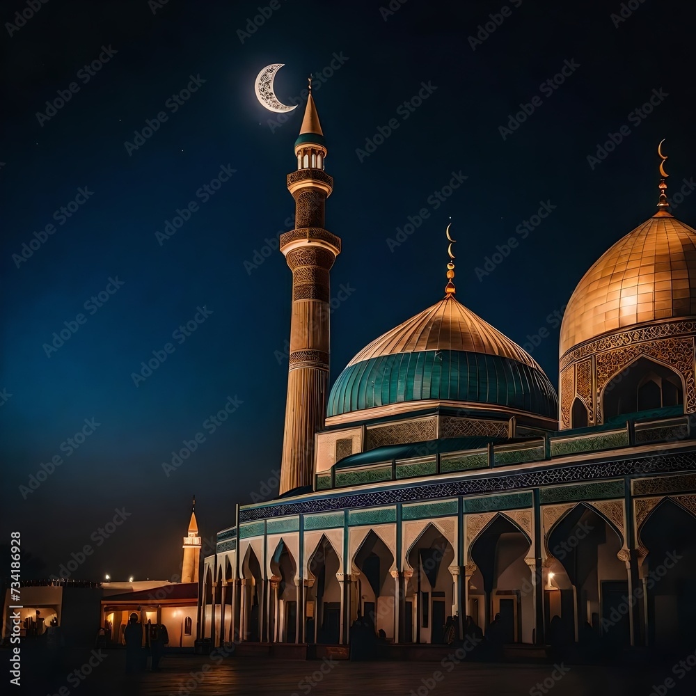  photo a painting of a mosque with a crescent moon in the background--3:2--v4