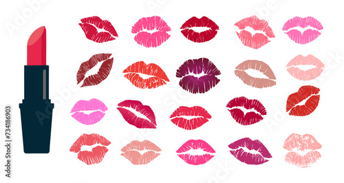 Set of Lipstick and kiss prints. Red, pink, purple, wine, magenta lips. Different shapes female sexy lips. Lips makeup. Female mouth. Imprint of kiss vector illustration isolated on white background. photo
