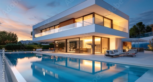 Contemporary villa with reflective pool. Modern minimalist house with a pool at dusk. Residence with sunset pool reflections.