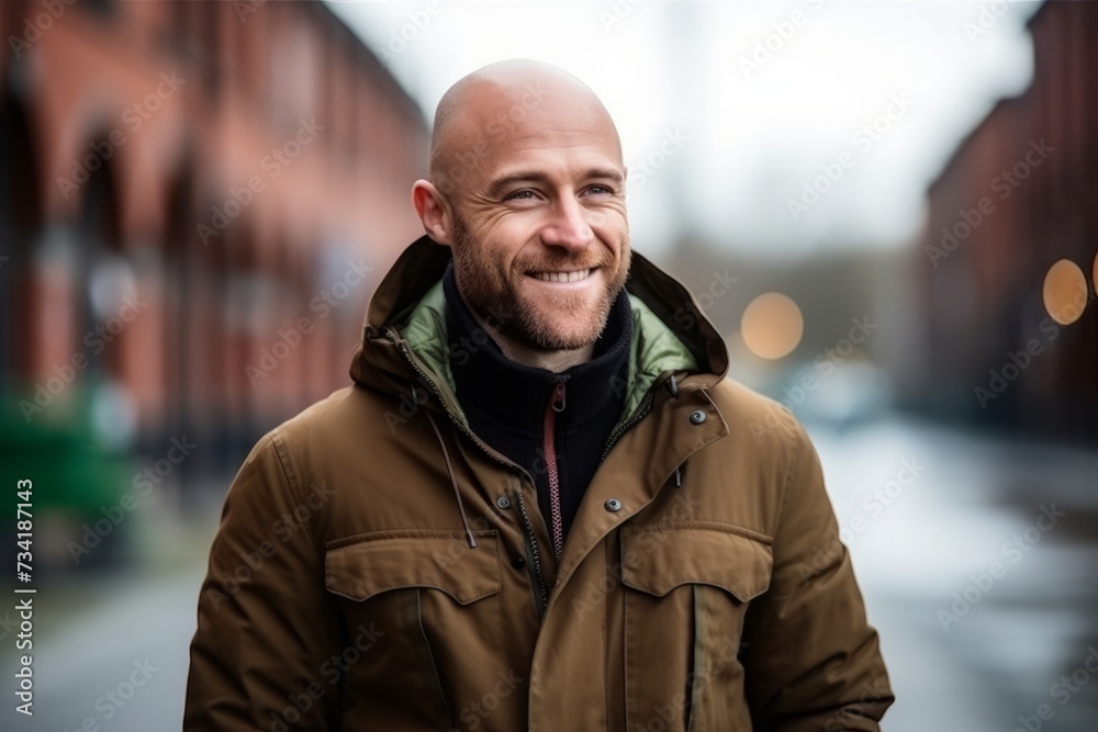 Portrait of a handsome middle-aged man in a warm jacket on the street Portrait of a handsome middle-aged man in a warm jacket on the street