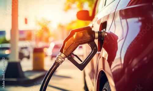 Close-up photo of a car filling up with gas at a gas station, refueling