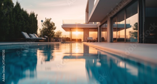 Modern minimalist cubic home with infinity pool at sunset. Contemporary design meets natural beauty. © radekcho