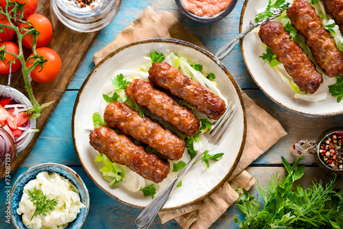 A traditional Balkan dish, Cevapi, served with fresh vegetables and flatbread photo