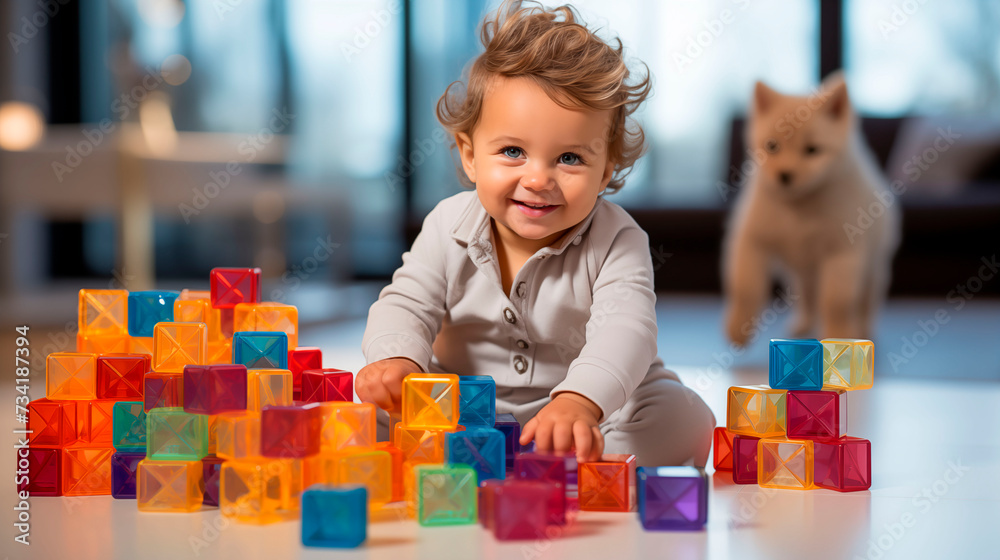 little child playing with colorful blocks little child playing with colorful blocks