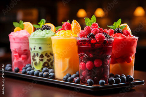 Variety of fruit cocktails, popular bubble tea, trendy Asian summer drinks