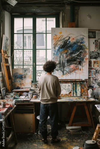 Artist stands contemplating in a paint-splattered studio full of vibrant canvases. © Artsaba Family