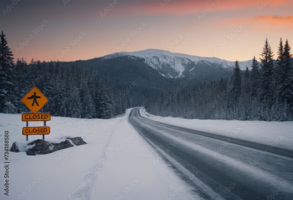 Road Closed sign placed beside a snow covered road on a cold witer day Road Closed sign placed beside a snow covered road on a cold witer day