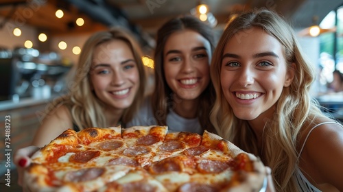 Group of cheerful friends eating delicious pizza and chatting animatedly