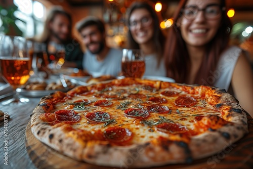 Group of cheerful friends eating delicious pizza and chatting animatedly