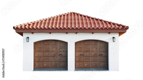 Residential charm - red brick garage for two cars with tree, isolated on white stock photo