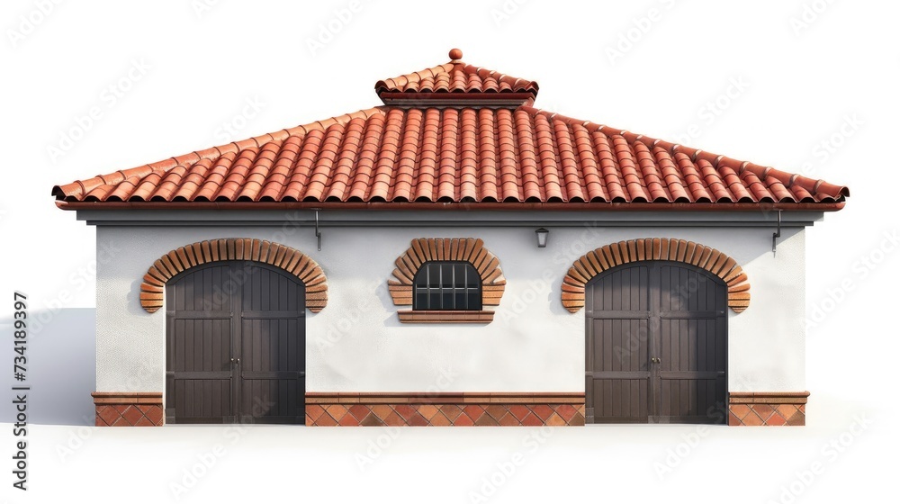 Residential charm - red brick garage for two cars with tree, isolated on white stock photo Residential charm - red brick garage for two cars with tree, isolated on white stock photo