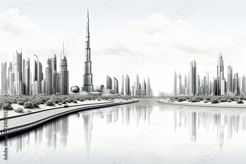 Aerial view of Burj Khalifa in Dubai Downtown skyline city building and fountain  United Arab Emirates or UAE