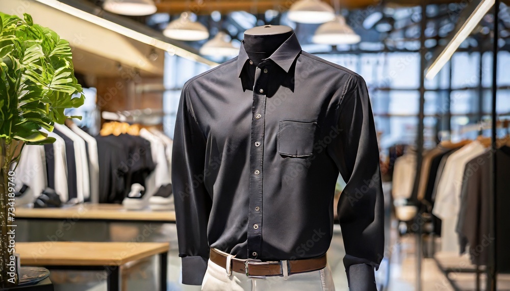 trendy cotton men shirt display on mannequin in clothes shop summer collection fashion product samples in clothing store for selling textile industry and business concept