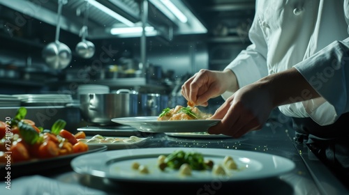 Chef meticulously plating a dish with precision in a professional kitchen highlighting the focus on fine dining.