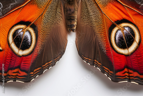 colorful red butterfly wings closeup Saturnia pavonia, small emperor moth Abstract textured natural Poster design photo