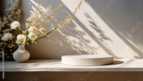 brand product showcase template blank neutral light beige podium stage with aesthetic lifestyle floral sun light shadows white textured concrete wall and shelf background