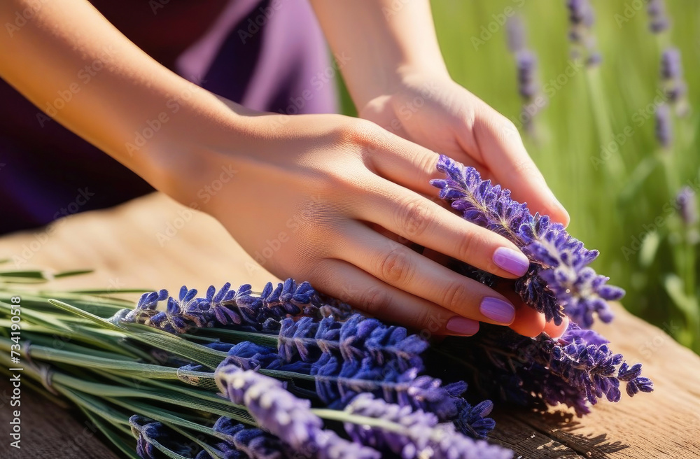 Fototapeta premium Collecting lavender. Female woman hands grinding lavender on wooden table in field. Prepare seasoning for food from dry lavender branches. Condiment or aroma sachets making