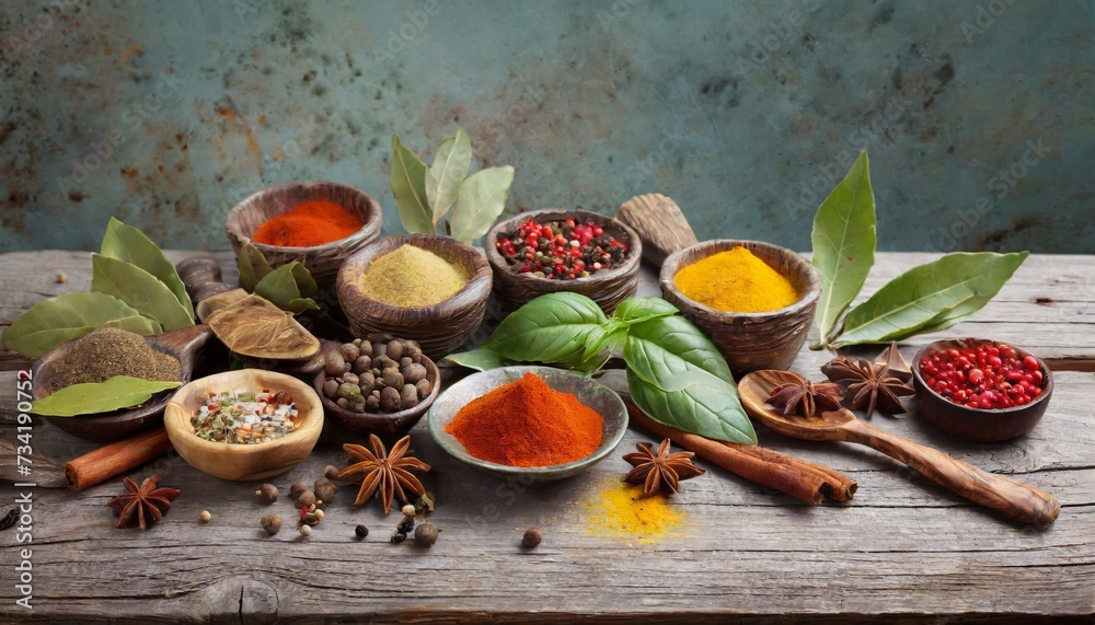 colorful spices on wooden table