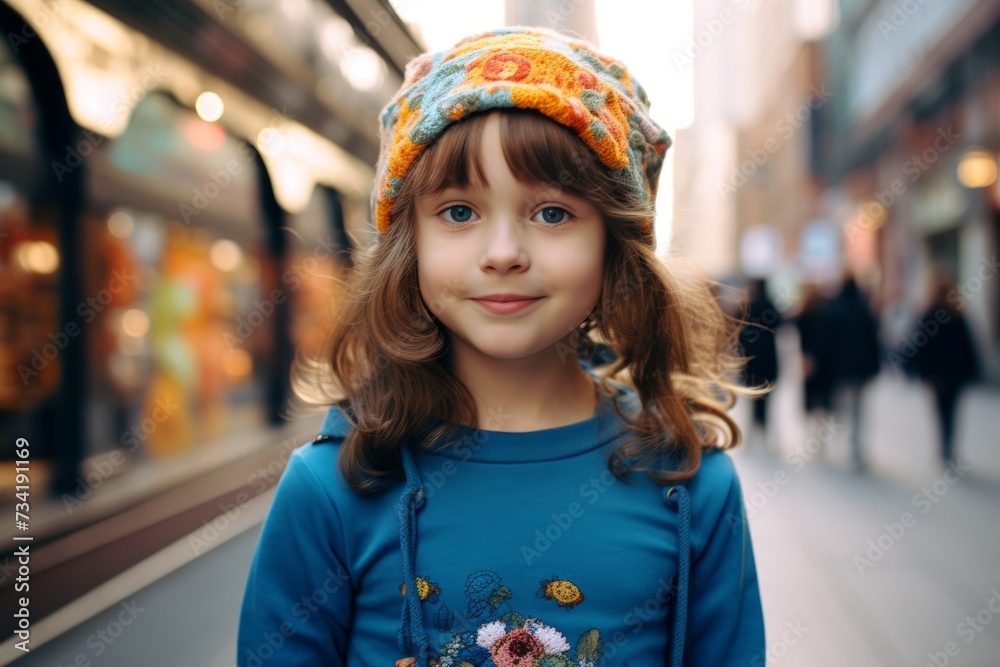 Portrait of a beautiful little girl in a hat on the street. Portrait of a beautiful little girl in a hat on the street.