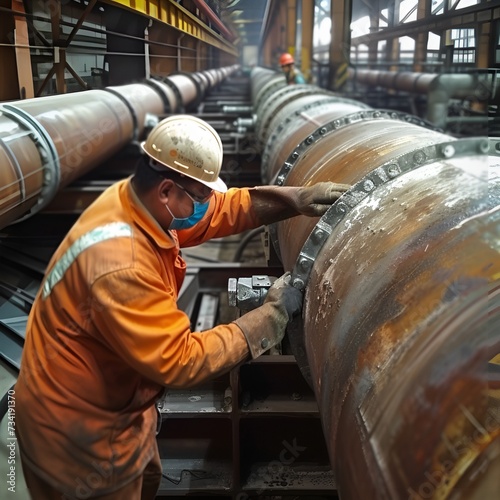 Worker inspecting steel pipes and pipe elbow in oil factory