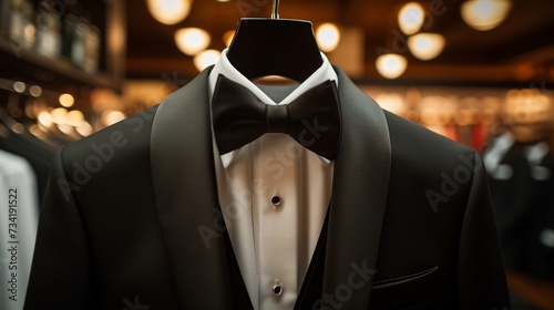 Tuxedo on a hanger. Men's business suit.
