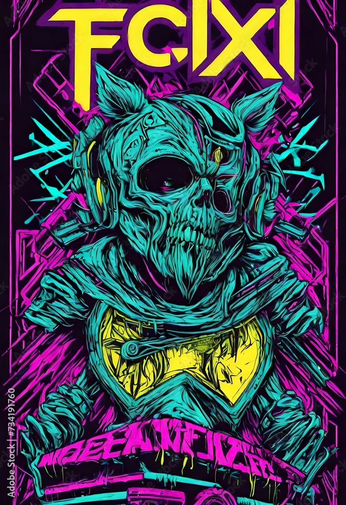 a bright neon black light poster for a metalcore or heavy metal rock band with skull and seleton 