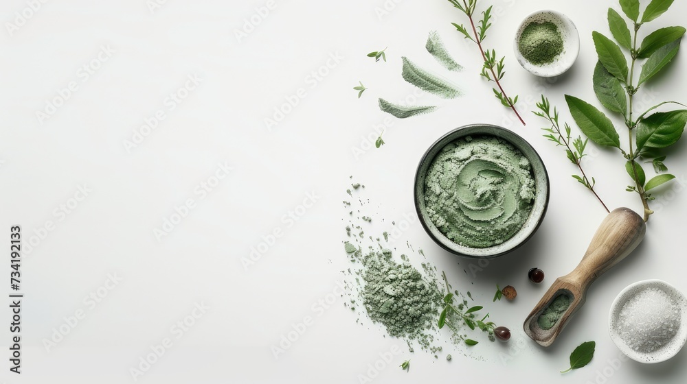 an exfoliating scrub enriched with green clay and natural ingredients, with a beauty mask delicately applied on a clean white background, inviting viewers to indulge in self-care. an exfoliating scrub enriched with green clay and natural ingredients, with a beauty mask delicately applied on a clean white background, inviting viewers to indulge in self-care.