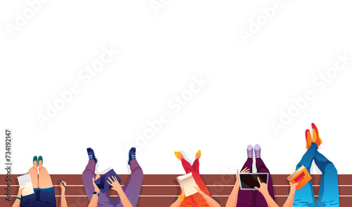 People sitting on bench vector illustration of university girls and boys with bags, laptops or smartphones and books. Legs top view on white background for back to school design