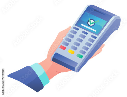 Vector payment machine and credit card. POS terminal confirms the payment by debit credit card, invoce. Vector illustration in flat design. NFC payments concept. Isometric NFC payments concept
