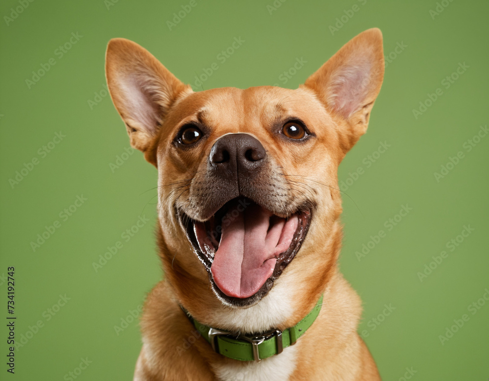 A dog on a green background sticks out its tongue, smiling A dog on a green background sticks out its tongue, smiling