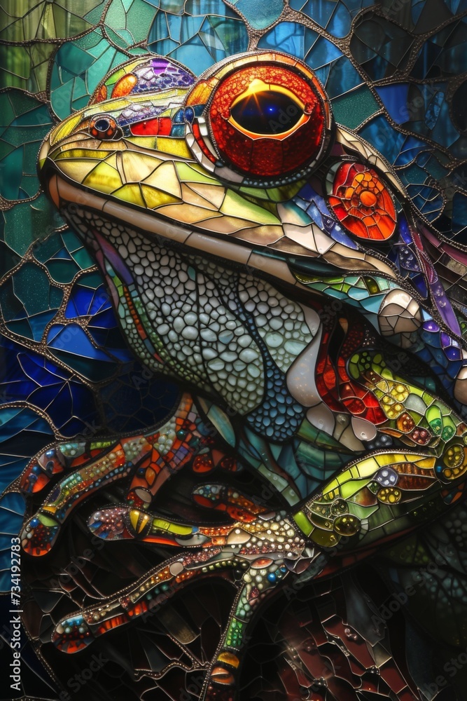 Fototapeta premium Stained glass window background with colorful Frog abstract.