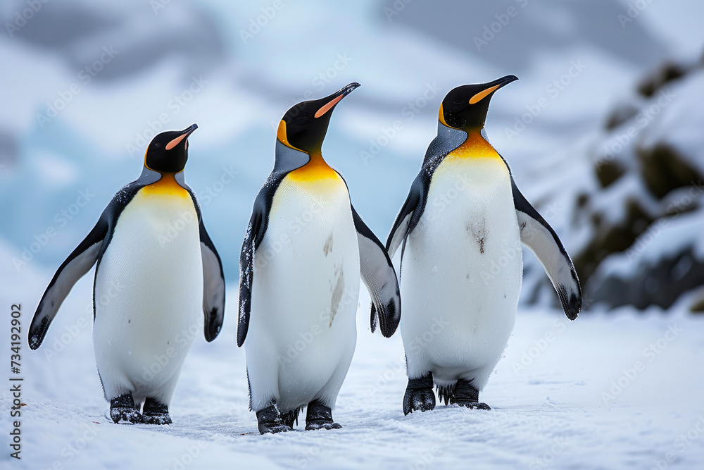 Obraz premium Powdery Promenade: Penguins Amidst Snow