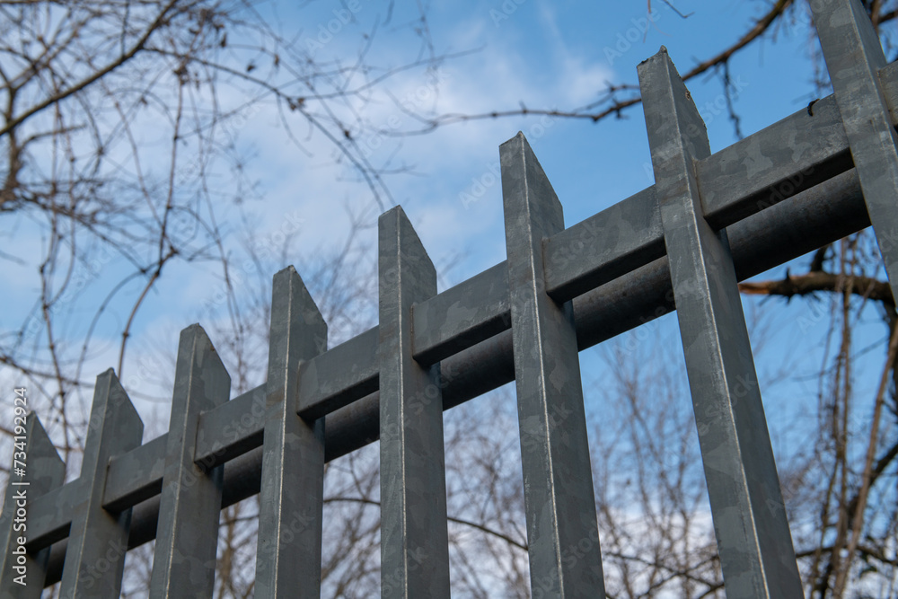 Safe fence with modern railing with linear elements in galvanized steel, security borders, manned and monitored towards any illegal immigrants, irregular immigrants. Safe fence with modern railing with linear elements in galvanized steel, security borders, manned and monitored towards any illegal immigrants, irregular immigrants.