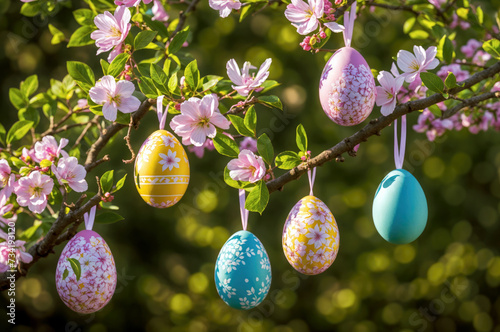 Colorful Easter eggs on the branches of a blooming spring tree
