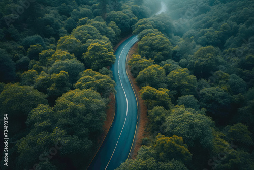 Tranquil Trajectory: Overhead Capture of Serene Asphalt Highway © Andrii 